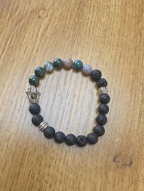 Hamsa Charm Black Lava & Green Agate Beaded Stretch Bracelet